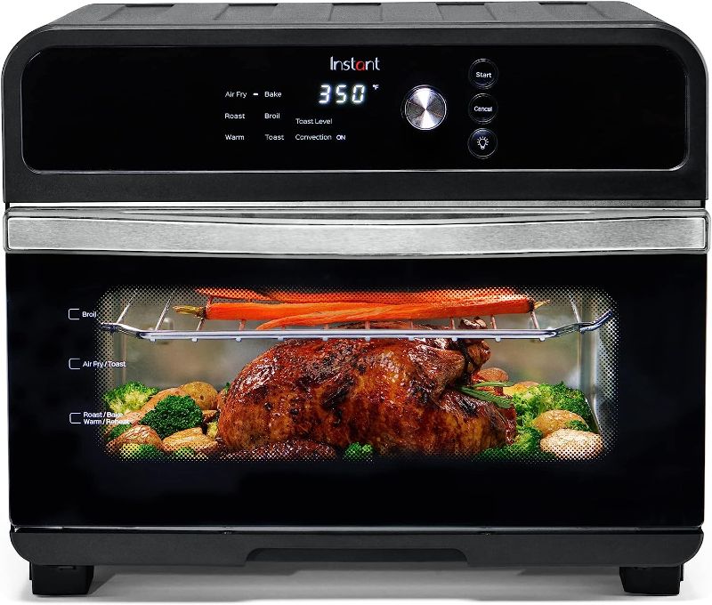 Photo 1 of **DAMAGED UNIT FRONT GLASS DOESN'T STAY ON** Instant Omni Air Fryer Toaster Oven Combo 19 QT/18L, From the Makers of Instant Pot, 7-in-1 Functions, Fits a 12" Pizza Oven, 6 Slices of Bread, App with Over 100 Recipes, Black Finish
