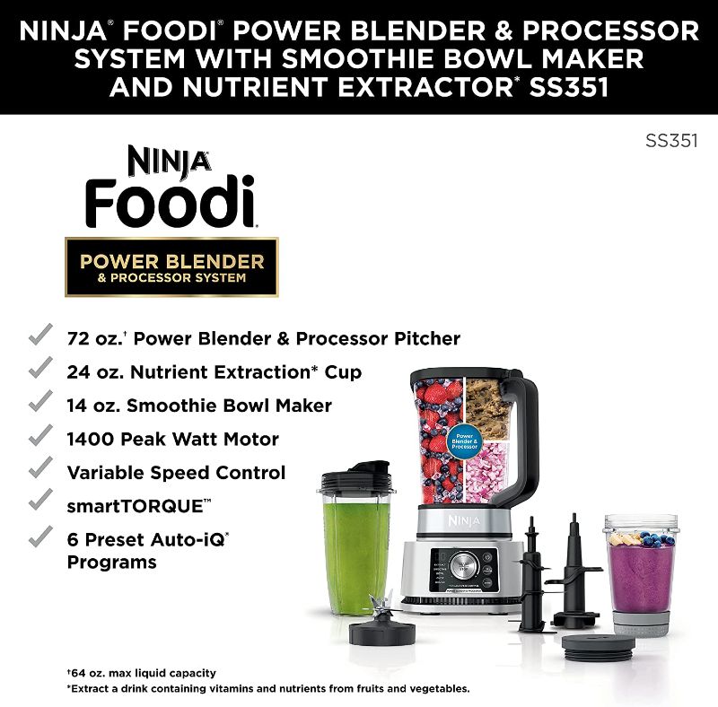 Photo 2 of 
Ninja SS351 Foodi Power Blender & Processor System 1400 WP Smoothie Bowl Maker & Nutrient Extractor* 6 Functions for Bowls, Spreads, Dough &...