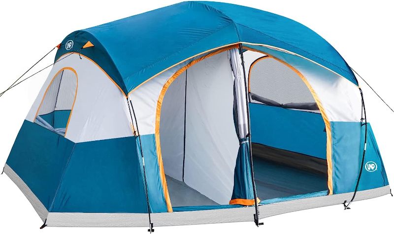 Photo 1 of 
UNP Camping Tent 9 Person, Family Cabin Tent, 5 Large Ventilation Mesh Windows, 14'x14'x78 inches Tall with Dividers Curtain for 2 Room
Color:Blue