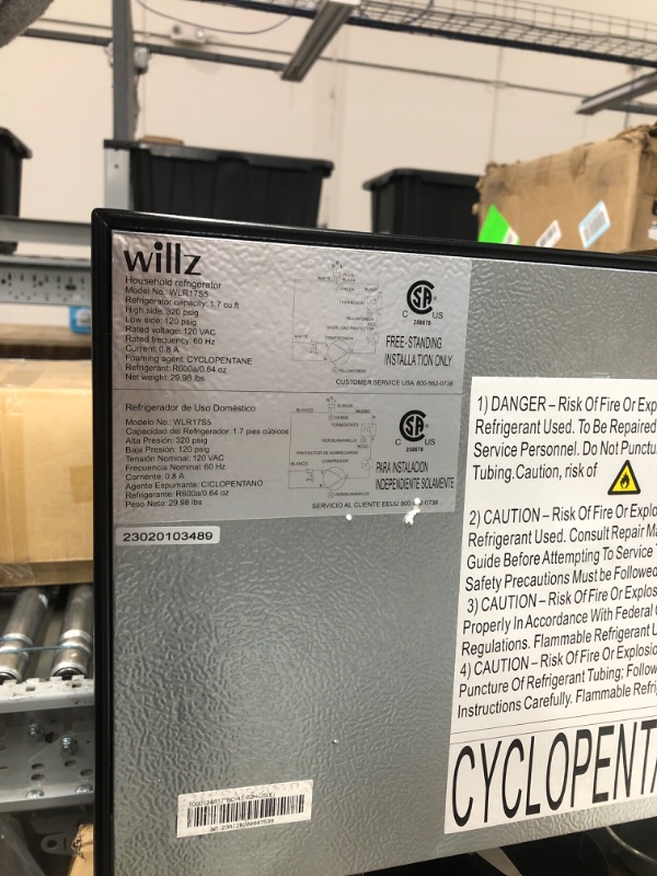 Photo 5 of Willz WLR17BK Compact Refrigerator, 1.7 Cu.Ft Single Door Fridge, Adjustable Mechanical Thermostat with Chiller, 1 Coated Wire Slide-Out Shelf, 1 Power Cord, Black
