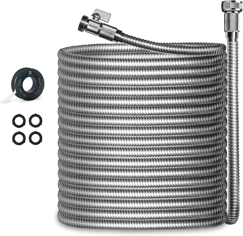 Photo 1 of Morvat Heavy Duty 150 Foot Stainless Steel Garden Hose Set with All Brass Shut-Off Valve, Kink & Tangle Free, Crush & Puncture Resistant, Includes: Spray Nozzle, Hose Hanger, Teflon Tape & Washers
