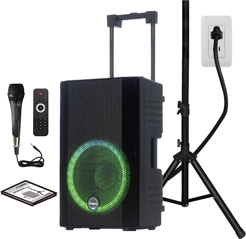 Photo 1 of HYANKA 15 "1200W Professional DJ Speaker, Portable Pa System, Bluetooth Party Speaker with Subwoofer, Microphone and Speaker Set, Powered Pa Speaker System with Light, FM, TWS, USB, Remote, EQ
