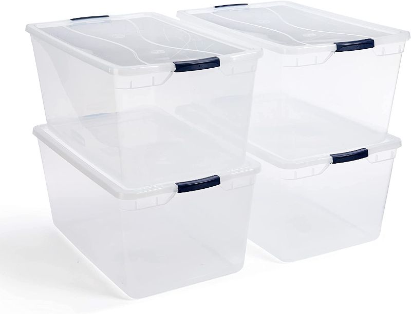 Photo 1 of **2 TOTES HAVE ARE FRACTURED ON THE CORNER BUT LIDS  LATCH AND SEAL**
IRIS Clear Plastic Storage Bins with Lids, 95 Qt-4 Pack, 4 Count
