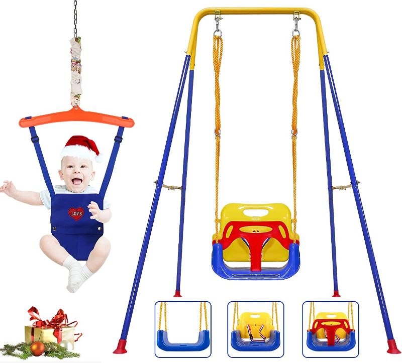 Photo 1 of 3-in-1 Toddler Swing Set and Baby Jumper, Baby Swing with Bouncers for Indoor Outdoor Play, Sturdy Safety Seat and Foldable Metal Swing Stand Easy to Assemble and Store at Home Garage
