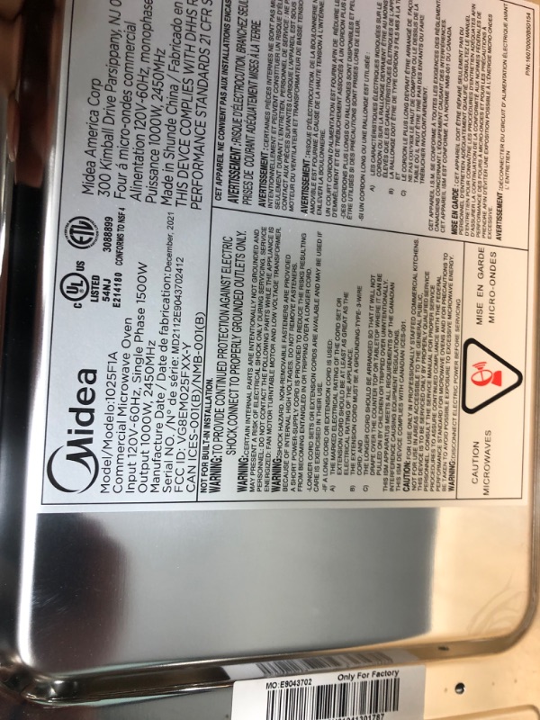 Photo 6 of Midea Equipment 1025F1A Countertop Commercial Microwave Oven with Touch Control, 1000W, Stainless Steel.9 CuFt
