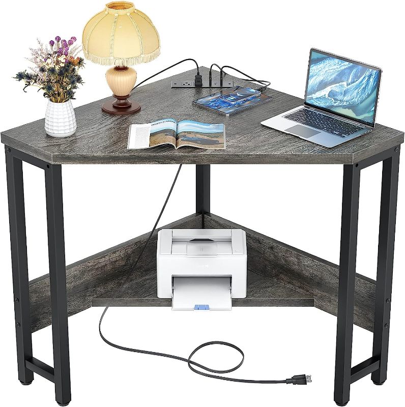 Photo 1 of armocity Corner Desk Small Desk with Outlets Corner Table for Small Space, Corner Computer Desk with USB Ports Triangle Desk with Storage for Home Office, Workstation, Living Room, Bedroom, Oak
