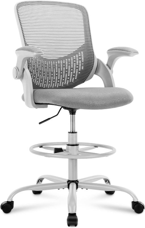 Photo 1 of Drafting Chair, Standing Desk Chair, Tall Office Chair, Counter Height Office Chairs, Ergonomic Computer Task Chair, Adjustable Mesh Office Chair with Flip-up Armrests and Foot-Ring, Grey
