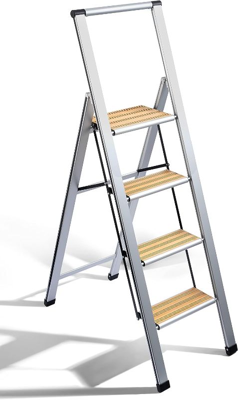 Photo 1 of *COLOR MAY VARY** Step Ladder 4 Step Folding, Decorative - Modern Beautiful Aluminum, Ultra Slim Profile, Anti Slip Steps, Sturdy-Portable for Home, Office, Kitchen, Photography Use,by SORFEY 4-Step Aluminum