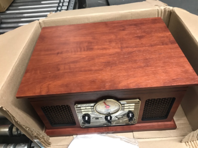 Photo 2 of Victrola Nostalgic 6-in-1 Bluetooth Record Player & Multimedia Center with Built-in Speakers - 3-Speed Turntable, CD & Cassette Player, FM Radio | Wireless Music Streaming | Mahogany Mahogany Entertainment Center