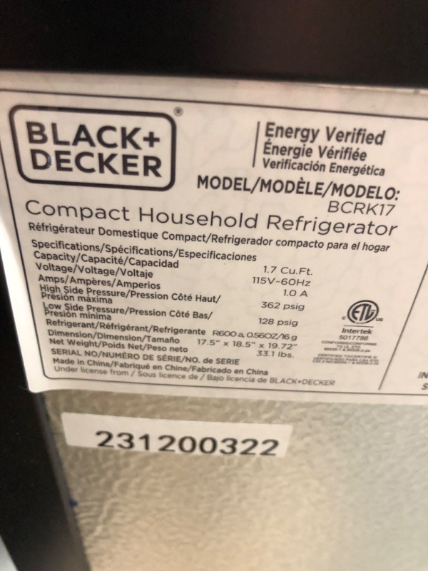 Photo 4 of BLACK+DECKER BCRK17B Compact Refrigerator Energy Star Single Door Mini Fridge with Freezer, 1.7 Cubic Feet, Black
