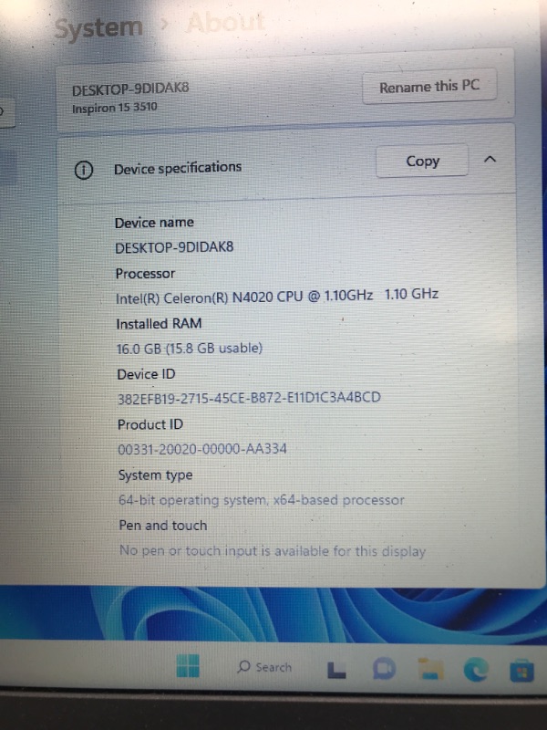 Photo 7 of ( Tested ) Dell Inspiron 3000 Series 3510 Laptop, 15.6" HD Display, Intel Pentium Silver N5030 Processor, 16GB DDR4 RAM, 256GB PCIe Solid State Drive, Webcam, HDMI, Windows 11 Home, Black
