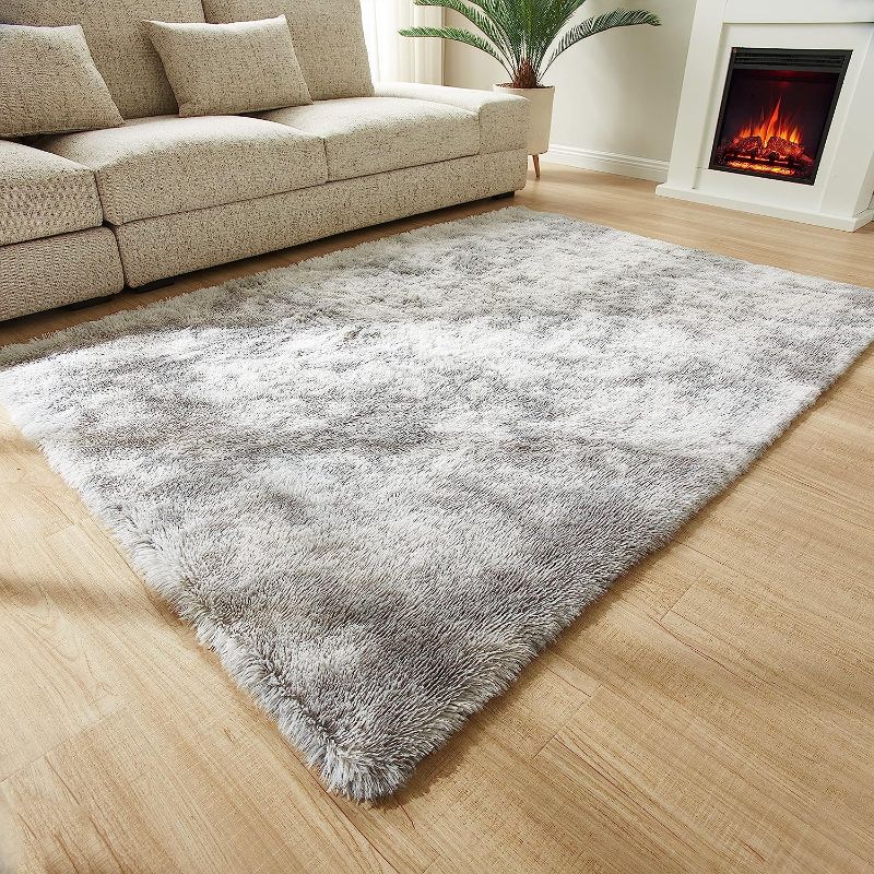 Photo 1 of (LIKE NEW)  84x60" Plush Light Grey/White Gradient Faux Fur Area Rug with Beige/Black Floral Non-Slip Pattern Backing 