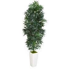 Photo 1 of **MINOR SHIPPING DAMAGE**Nearly Natural 5’ Bamboo Palm White Planter Artificial Plant, Green
