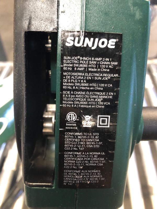 Photo 6 of **MINOR WEAR & TEAR**Sun Joe SWJ806E-HTG 8-Inch 8.0 Amp 2-in-1 Convertible Pole Chain Saw, Hunter Green