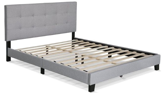 Photo 1 of *DAMAGED* Furinno Laval Button Tufted Upholstered Platform Bed Frame, Queen, Glacier
