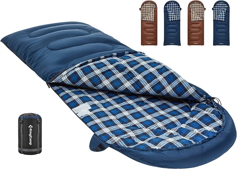 Photo 1 of KingCamp Cotton Flannel Sleeping Bag, Big and Tall Sleeping Bags for Adults Cold Weather, Zip Together for 2P Sleeping Bag for 3 Season, Lightweight, Water...
