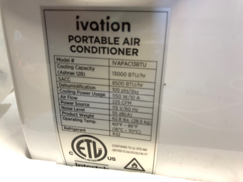 Photo 2 of ***MISSING REMOTE AND PARTS***Ivation 13,000 BTU Portable Air Conditioner with Wi-Fi for Rooms Up to 500 Sq Ft (8,500 BTU SACC) 3-in-1 Smart App Control Cooling System, Dehumidifier and Fan with Remote, Exhaust Hose & Window Kit