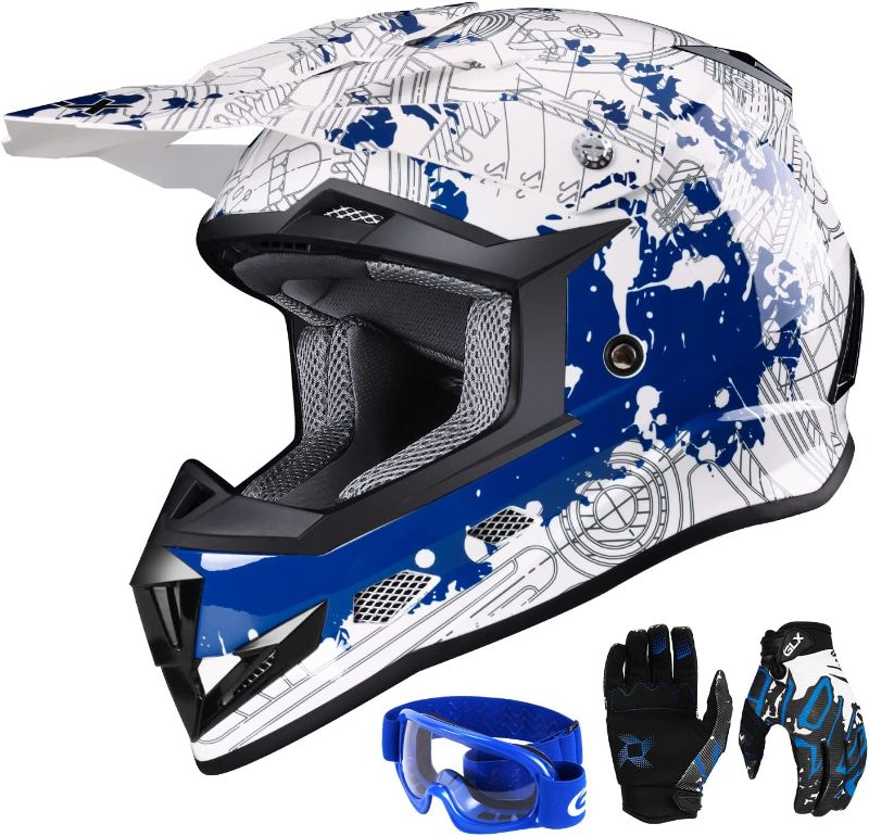 Photo 1 of GLX GX623 DOT Kids Youth ATV Off-Road Dirt Bike Motocross Motorcycle Full Face Helmet Combo Gloves Goggles for Boys & Girls (Modern, X-Large) Modern X-Large