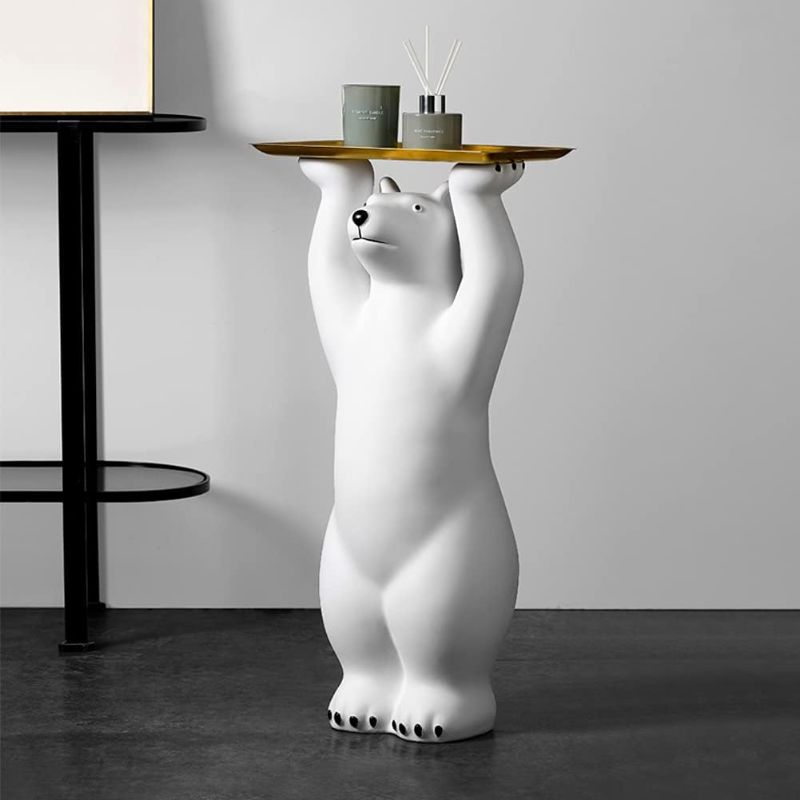 Photo 1 of **FRACTURED AND MISSING A SMALL PIECE AROUND MOUTH SEE PHOTO**
Pearlead Resin Polar Bear Sculpture with Metal Tray Animal Figurine Ornament Standing Statue Candy Dish Decorative Tray for Keys Home Office Hotel Decoration Lifting Hands
