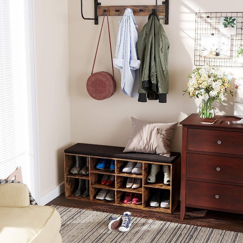 Photo 1 of **ALL PANELS INTACT**
VASAGLE Shoe Bench, Storage Bench, Shoe Rack Bench, Shoe Shelf, Storage Cabinet, 10 Compartments, with Cushion, for Entryway, 11.8 x 40.9 x 18.9 Inches, Rustic Brown and Brown ULHS10BX
