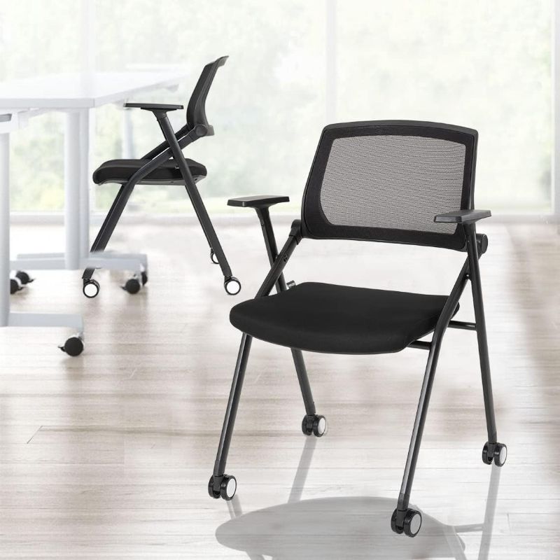 Photo 1 of VACYOVKE 2 Pack Office Conference Chairs with Armrest Foldable Mid Back Support Comfy Guest Reception Stacking Chair Set for Home School Waiting Meeting Room
