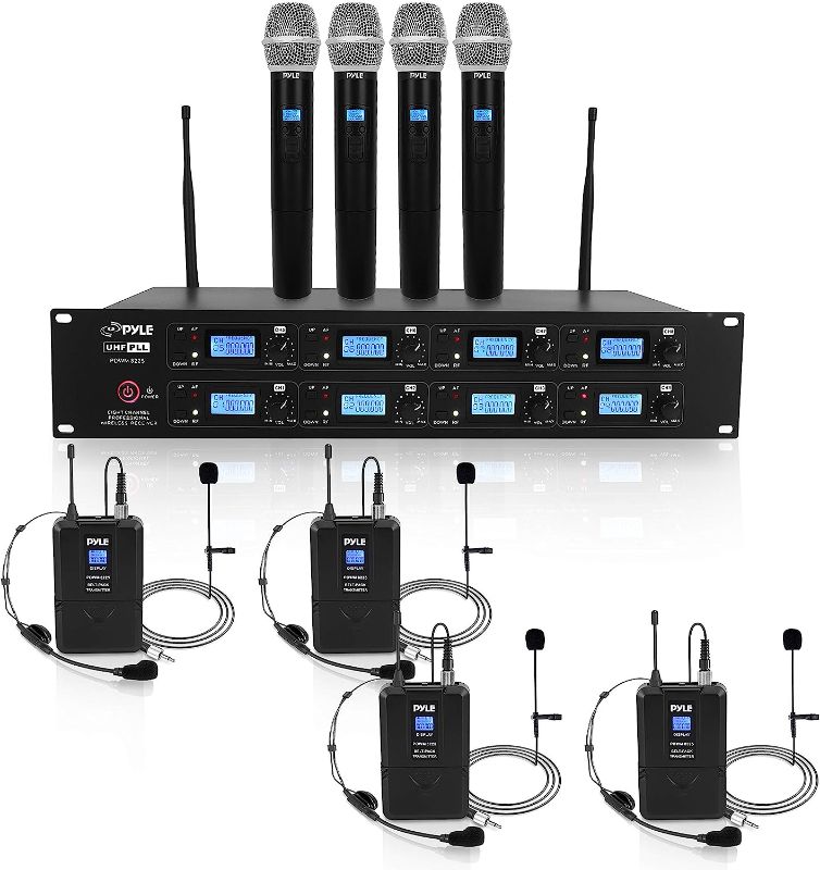 Photo 1 of Pyle Professional 8 Channel UHF Wireless Microphone & Receiver System 4 Handheld Mics Belt Packs Transmitters Headsets &Lavalier Lapel Mics RF&AF Radio/Audio Frequency Digital Display(PDWM8225),Black