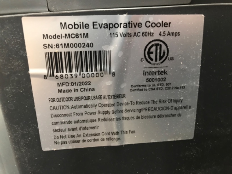 Photo 7 of **FOR PARTS**Hessaire MC61M 5,300 CFM 3-Speed Portable Evaporative Cooler
