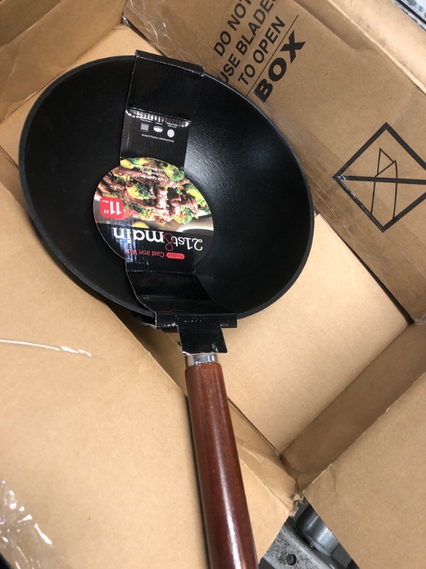 Photo 2 of 21st & Main Wok, Stir Fry Pan, Wooden Handle, 11 Inch, Lightweight Cast Iron, chef’s pan, pre-seasoned nonstick, for Chinese Japanese and other cooking