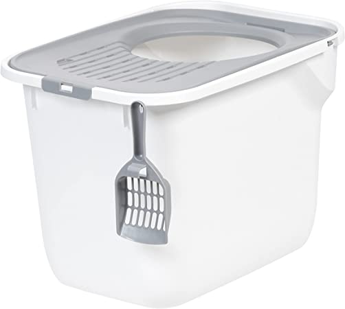 Photo 1 of IRIS USA Square Top Entry Cat Litter Box with Scoop, Large Kitty Litter Tray with Litter 