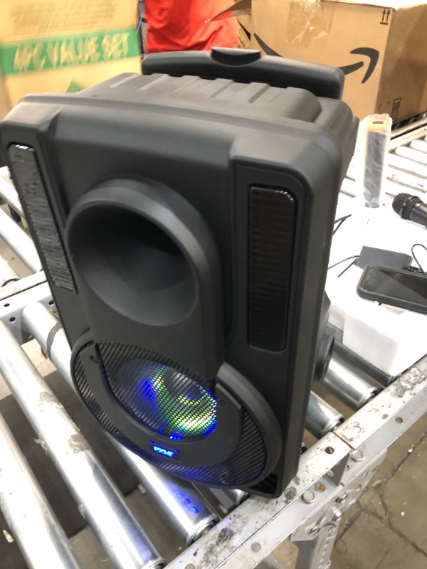 Photo 2 of 8’’ Portable PA Speaker System - Wireless BT Streaming PA & Karaoke Party Audio Speaker, Two Wireless Mic, Wired Microphone, Tablet Stand, Flashing Party Lights, MP3/USB//FM Radio - PHPWA8TB 8 inch Speaker System