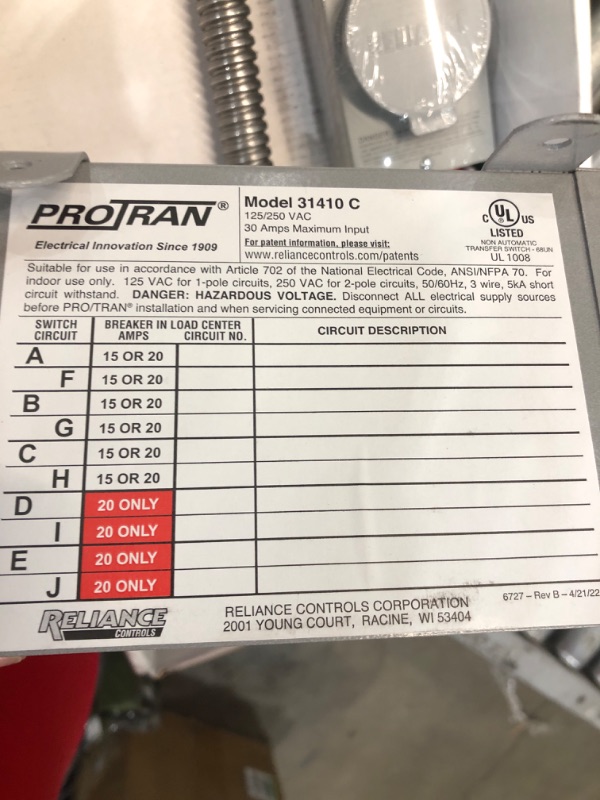 Photo 7 of **PARTS ONLY**
Reliance Controls 31410CRK Pro/Tran 10-Circuit 30 Amp Generator Transfer Switch Kit (L14-30P to L14-30R)