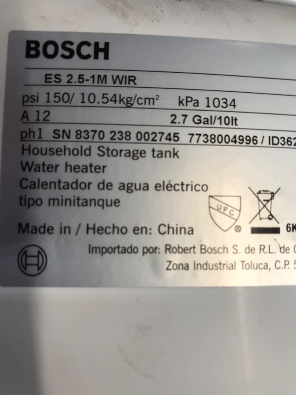 Photo 4 of *DOES NOT TURN ON* Bosch Electric Mini-Tank Water Heater Tronic 3000 T 2.5-Gallon (ES2.5) - Eliminate Time for Hot Water - Shelf, Wall or Floor Mounted
