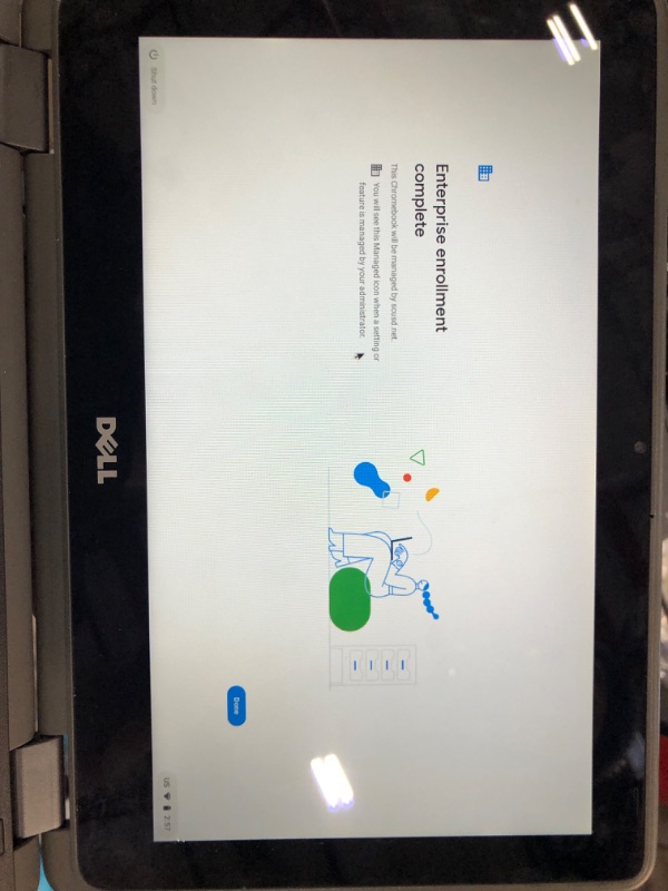 Photo 2 of PARTS ONLY HAS ENTERPRISEENROLLMENT ON IT 
2021 DELL 11.6-INCH CONVERTIBLE 2-IN-1 TOUCHSCREEN CHROMEBOOK, INTEL CELERON PROCESSOR UP TO 2.48GHZ, 4GB RAM 16GB SSD, HDMI, CHROME OS (TOUCHSCREEN) (RENEWED)
