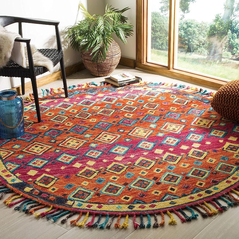 Photo 1 of  Aspen Collection 7' Round Orange / Fuchsia APN138A Handmade Boho Braided Tassel Wool Area Aspen Collection 7' Round Orange / Fuchsia APN138A Handmade Boho Braided Tassel Wool Area Rug