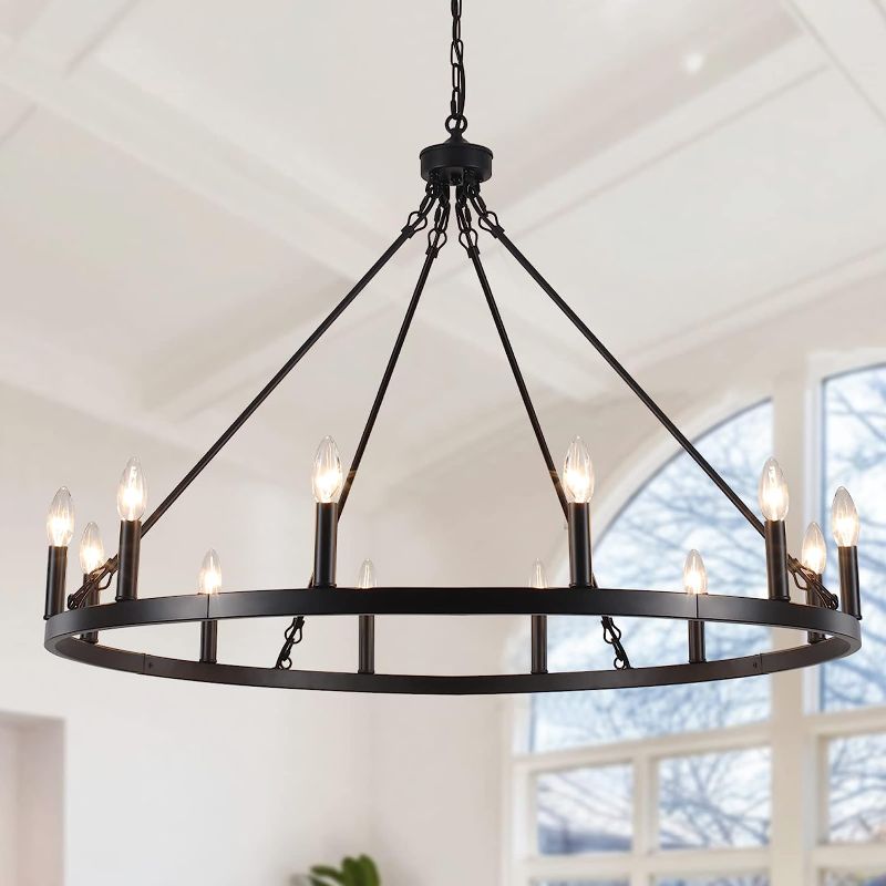 Photo 1 of 
ZJVAIVE Black Wagon Wheel Chandelier 10-Light Farmhouse Chandelier for Living Room 38" Round Rustic Industrial Hanging Light Fixture for Dining Room...
Color:10-Lights Black