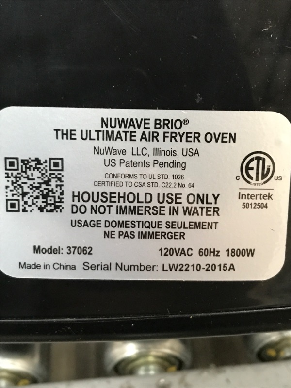 Photo 6 of **PARTS ONLY**
Nu Wave Brio 7-in-1 Air Fryer Oven, 7.25-Qt with One-Touch Digital Controls, 50°- 400°F Temperature Controls in 5° Increments, Linear Thermal (Linear T) for Perfect Results, Black 7.25QT Brio