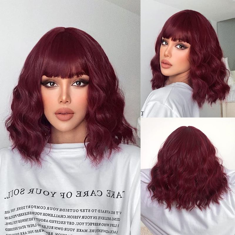 Photo 1 of *Stock Photo For Reference* MUPUL Brown Red Wig Short Body Wavy Bob Wigs for Women With Bangs Shoulder Length Curly Synthetic Cosplay Party Wig for Girls Daily Use Colorful Hair Wigs
