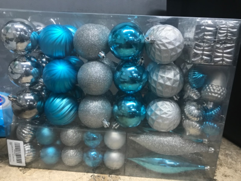 Photo 2 of 100PCS Assorted Christmas Balls Tree Ornament Set,Shatterproof Assorted Hanging Decorations in Gift Package,Glitter Acorn,Ball,Gift Box Pendants,Tree Top for Xmas Tree(Lightblue/Silver) 100pcs-light Blue/Silver