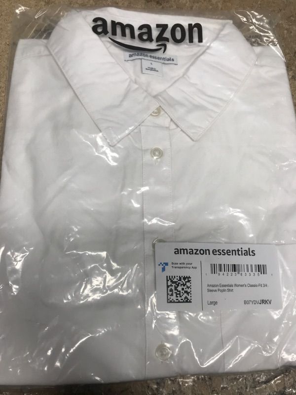 Photo 2 of Amazon Essentials Women's Classic-Fit 3/4 Sleeve Poplin Shirt size Large White