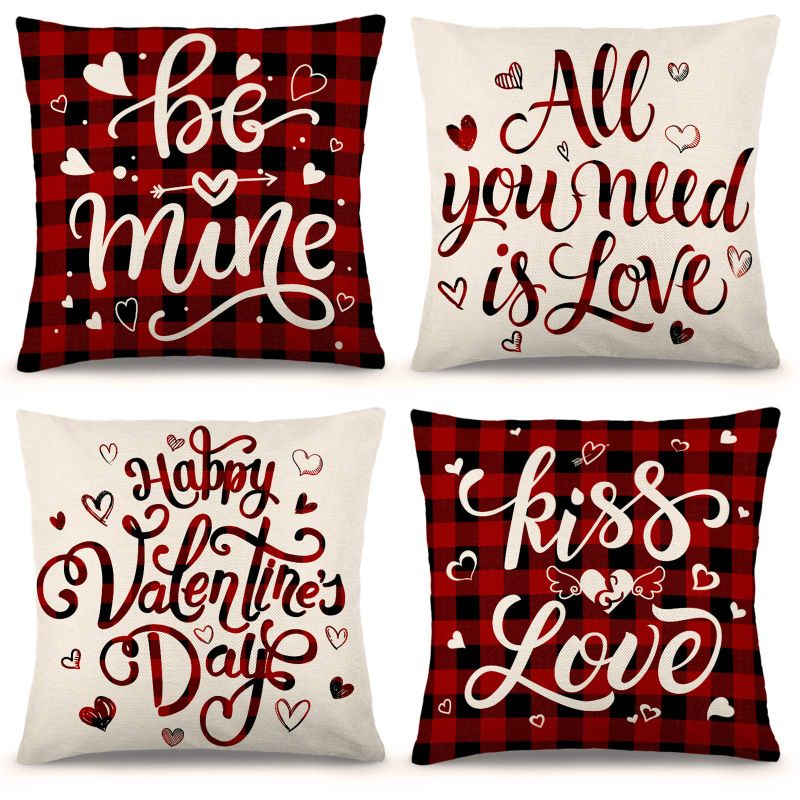 Photo 1 of 3 pack YGEOMER Valentine Pillow Covers 18×18 Inch Set of 4 Buffalo Plaid Throw Pillow Covers Holiday Anniversary Wedding Cushion Pillow Case for Sofa Couch Valentine’s Day Decorations Throw Pillow Cover