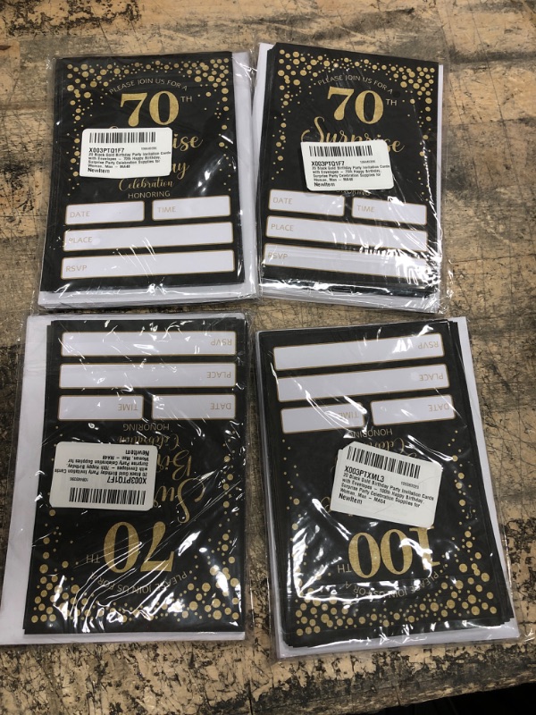 Photo 2 of 4 pack of 20 Black Gold Birthday Party Invitation Cards with Envelopes - 70th Happy Birthday, Surprise Party Celebration Supplies for Woman, Man - MA48