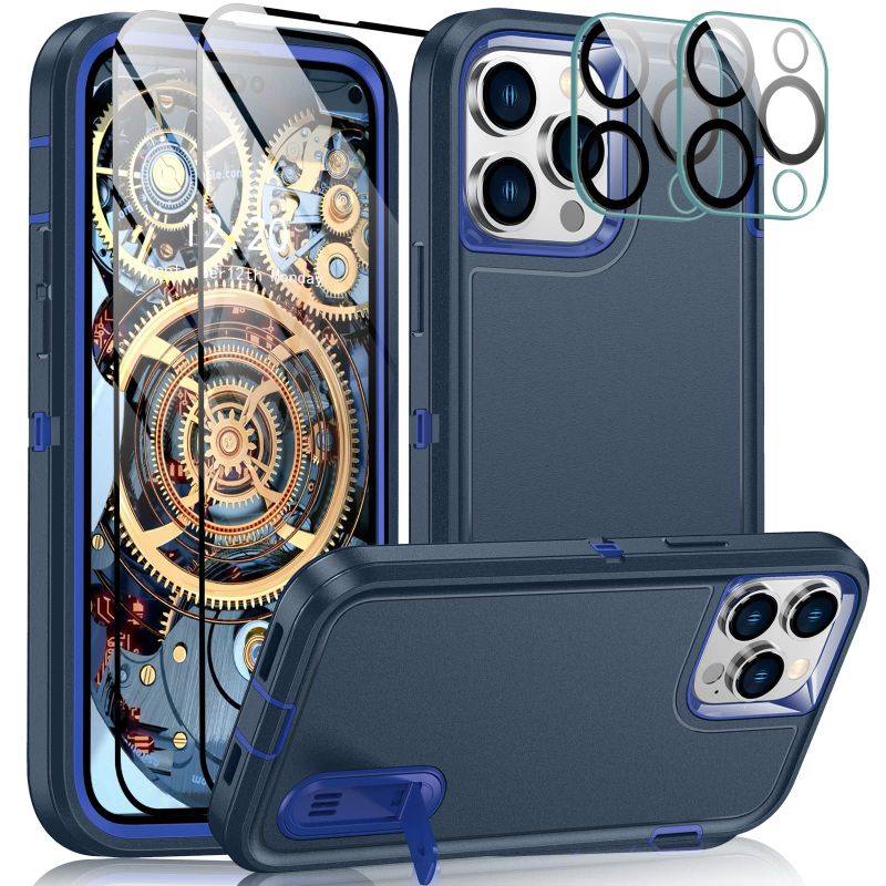 Photo 1 of 3 pack Joytra for iPhone 14 Pro Max Case [5 in 1],Shockproof Protective Case with Kickstand[with 2Pack Tempered Glass Screen Protector+2Pack Camera Lens Protector] Case for iPhone 14 Pro Max 5G 6.7"(Blue)