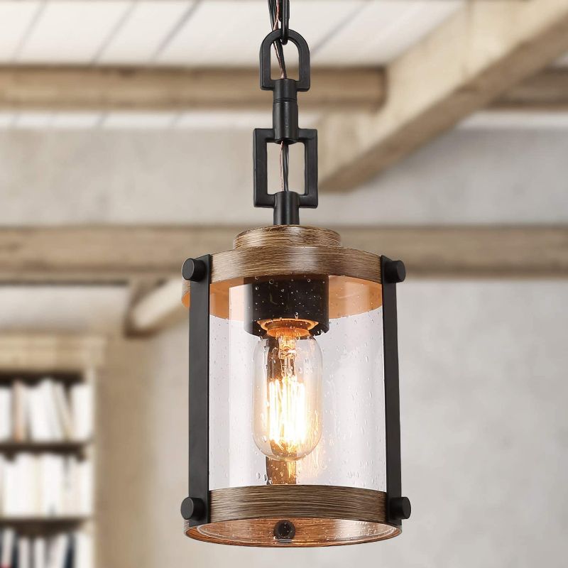 Photo 1 of *** PICTURE ONLY FOR REFRENCE - LAMP IS CUBED NOT ROUND *** LOG BARN Pendant Lighting for Kitchen Island, Farmhouse Mini Chandelier in Faux Wood Metal with Bubbled Glass Shade, Rustic Ceiling Fixture Hanging for Dining Room, Hallway