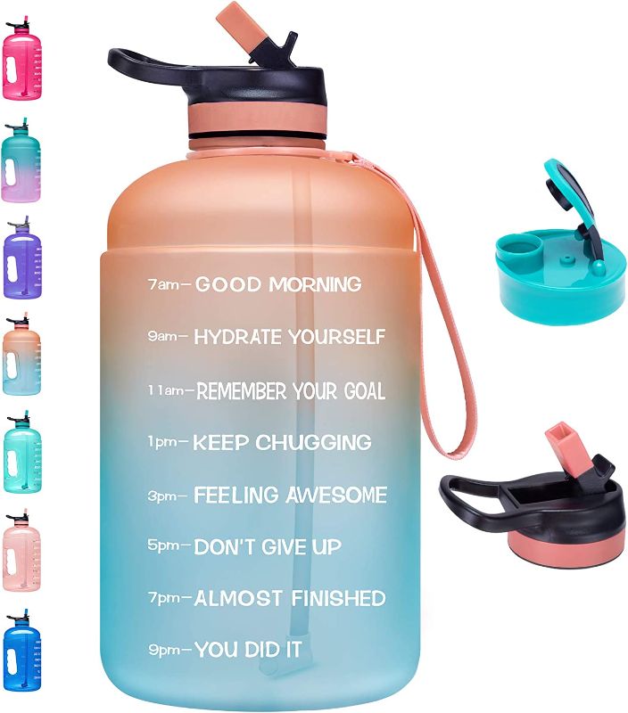 Photo 1 of  Large 64 oz/Half Gallon Motivational Water Bottle with 2 Lids (Chug and Straw), Leakproof BPA Free Sports Water Jug with Time Marker to Ensure...
**** COLORS MAY VARY ***