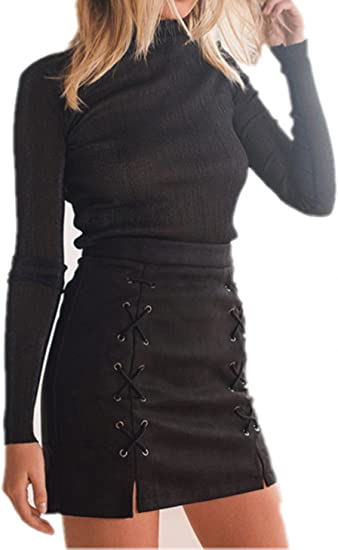 Photo 3 of katiewens Women's Classic High Waist Lace Up Bodycon Faux Suede A Line Mini Pencil Skirt