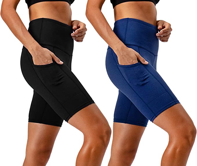 Photo 1 of DEVOPS Women's 2-Pack High Waist Workout Yoga Running Exercise Shorts with Side Pockets BLACK/BLUE SIZE XS