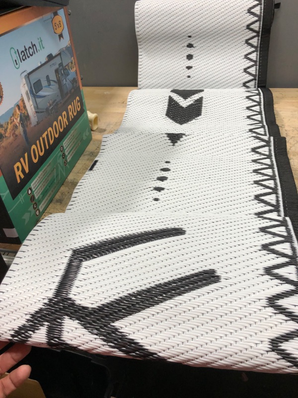 Photo 5 of LATCH.IT RV Outdoor Rugs 5x8 | Boho Style | Reversible RV Outdoor Mat Camper Rugs | Camping Outdoor Rugs | The Perfect RV Patio Mat for Any Situation! 5 x 8 Feet White/Black - Boho