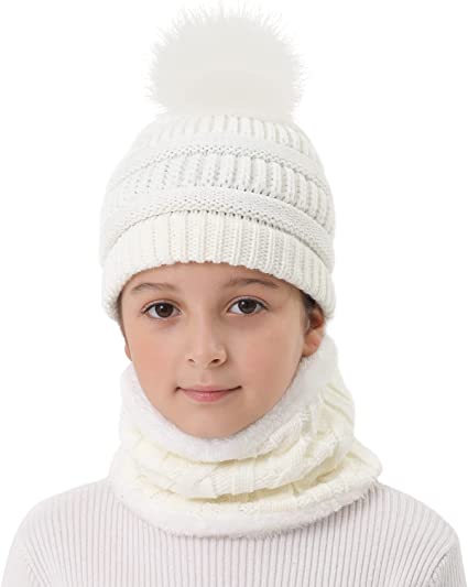 Photo 1 of 2Pcs Kids Pom Winter Beanie Hat and Scarf Set for 2-6 Years Old Boys Girls Kids Thick Warm Knitted Cap Fleece Lined Scarf Set
