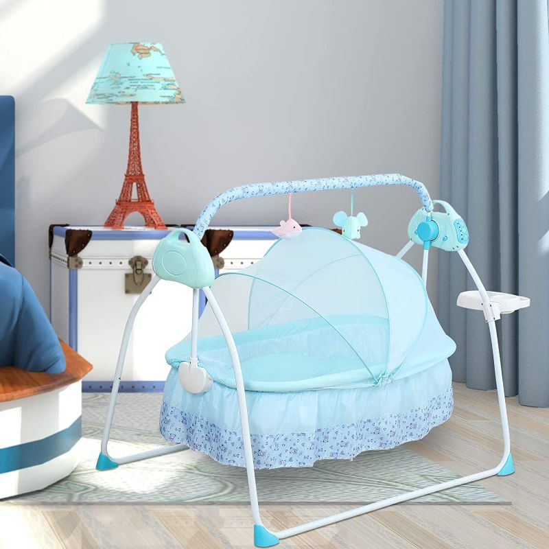 Photo 1 of **TESTED/ POWERS ON**Baby Cradle Electric Swing 5 Speed Stand Crib Auto Rocking Chair Bed with Remote Control Infant Musical Sleeping Basket for 0-18 Months Newborn Babies (Blue)