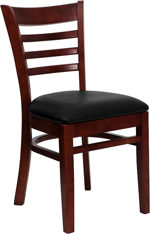 Photo 1 of Flash Furniture HERCULES Series Ladder Back Mahogany Wood Restaurant Chair - Black Vinyl Seat
